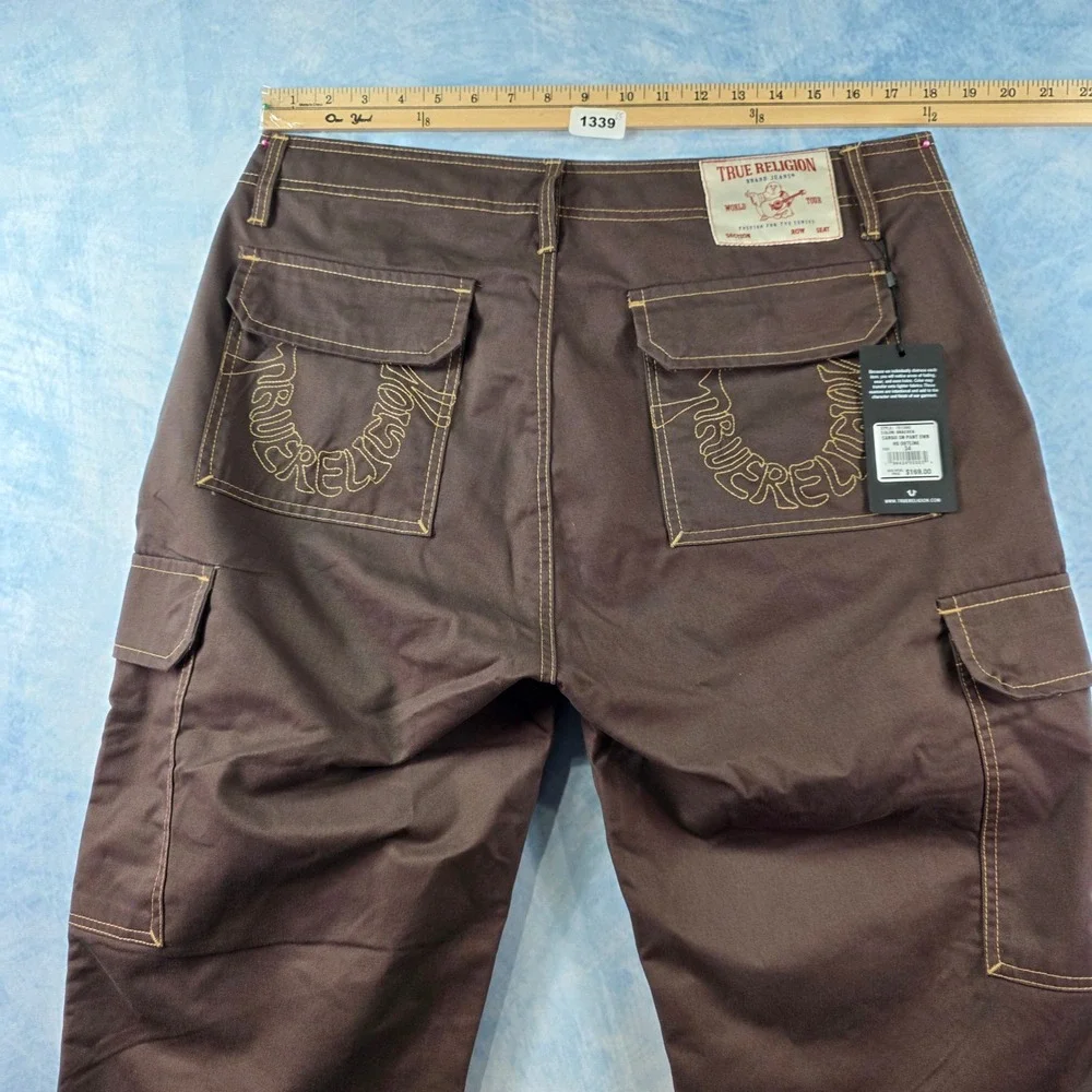 True Religion Mens Cargo Pants Bracken Brown Straight Leg Contras Stitch Size 34